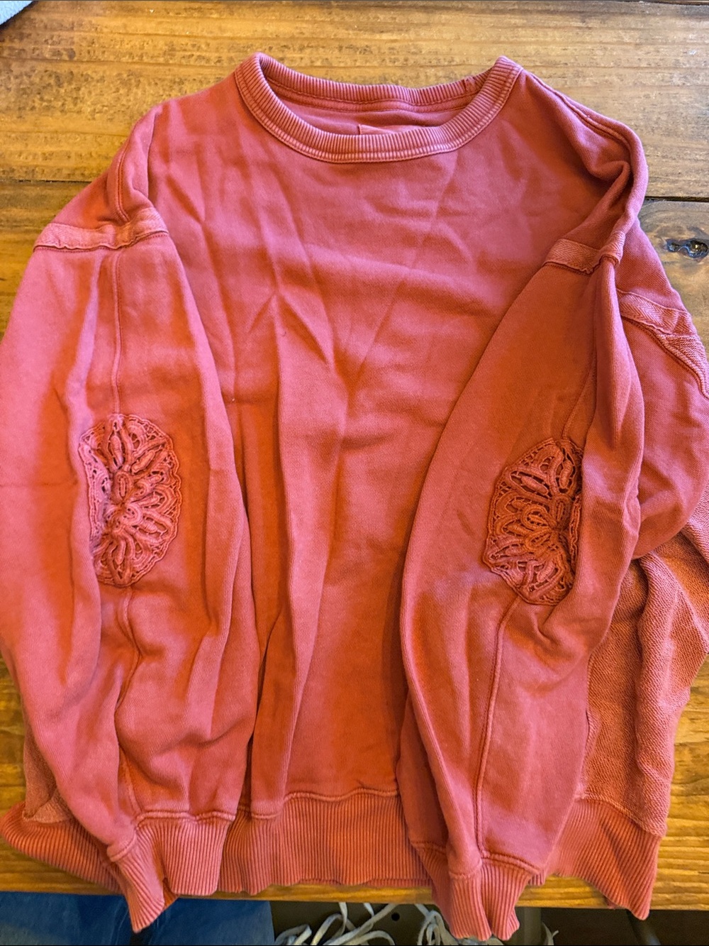 aerie Rose-Coral Crewneck Sweatshirt with Elbow Lace Appliqués